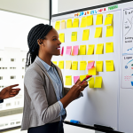 **Image:** A diverse team collaborating in a bright, modern office. Some team members are actively listening to a colleague presenting ideas on a whiteboard covered in colorful sticky notes and diagrams. The atmosphere is energetic and positive, with natural light streaming in.