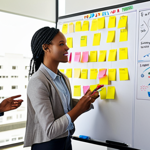 Home 4 **Image:** A diverse team collaborating in a bright, modern office. Some team members are actively listening to a colleague presenting ideas on a whiteboard covered in colorful sticky notes and diagrams. The atmosphere is energetic and positive, with natural light streaming in.